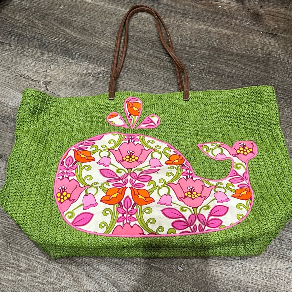 Vera Bradley Green Tote with Pink and Orange Whale Design